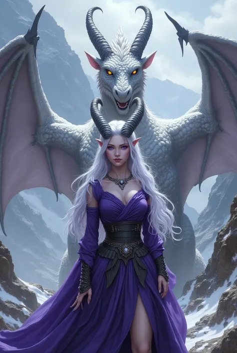 Female. Tiefling. Small Curly ram like horns. Light purple skin. Long icy hair. Silver white eyes. Modest Sorcerer clothing. With a silver dragon behind her. The background in mountains