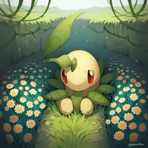 Bayfeef, Pokémon, whole body, Solo, grass landscape, flowers, vines, shy, looking from side,