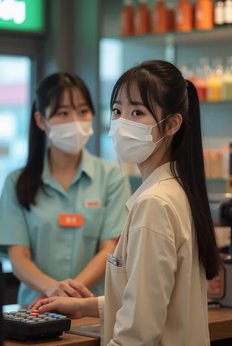 ( Please output different photos on the left and right in multi-screen style  ),A Korean woman working at the cash register wearing a ponytail and a white medical mask on the left screen and the same woman on the left screen with straight hair standing on ...