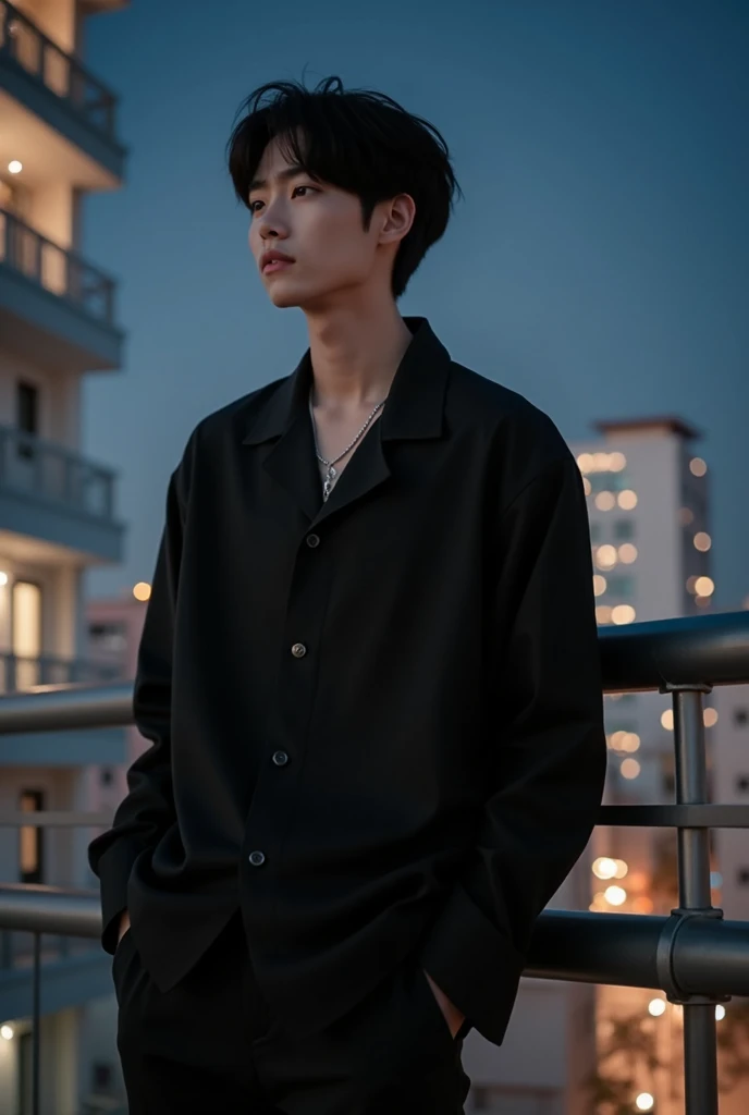 ((4K works))、masterpiece、(Top class)、Beautiful boy、Japanese, Refreshing, slim body、Tall、((The black Y-shaped shirt and black pants 、Glamorous street style ))、(Detailed and beautiful eyes )、 was photographed showing the back of the stylish English black bal...