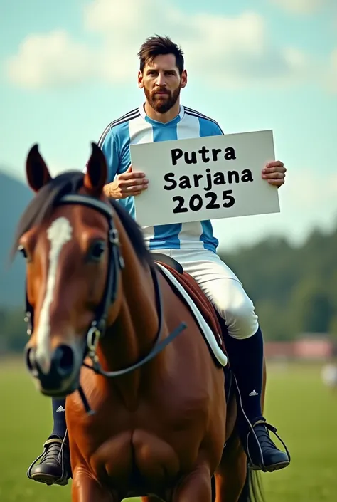 lionel messi riding a horse holding a white board with text "Putra Sarjana 2025" and showing it to the viewer