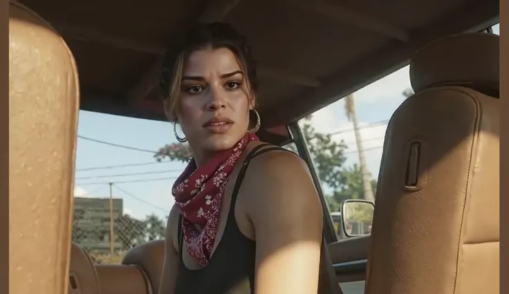 create a female character , Lucia from GTA 6 , close the camera closely to show all the details, show only her face , put on a very stylish sunglasses , Ultra-realistic image, cinemact, 8k