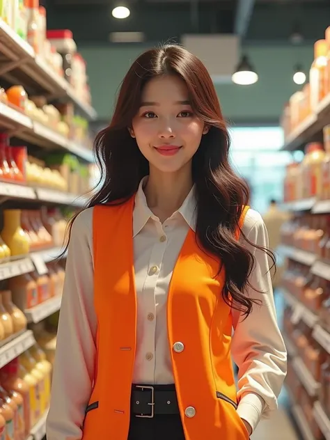  A beautiful Korean woman with long hair，Wearing a shopping guide vest ， The background is a supermarket shelf ， natural light，Sense of atmosphere， high resolution