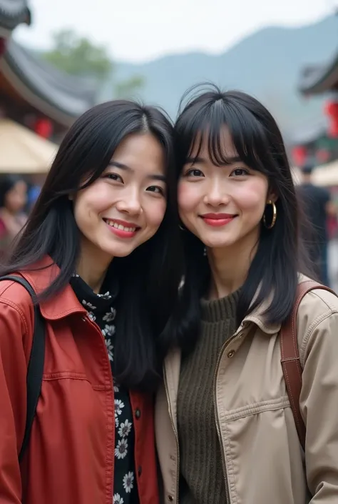 Two women,  one taller than the other with black hair both , one with side bangs ,  long hair and approximately 42 years old ;  the other must be young with curtain bangs and short hair ,  thin build and 22 years old .  In the background place a tourist sp...