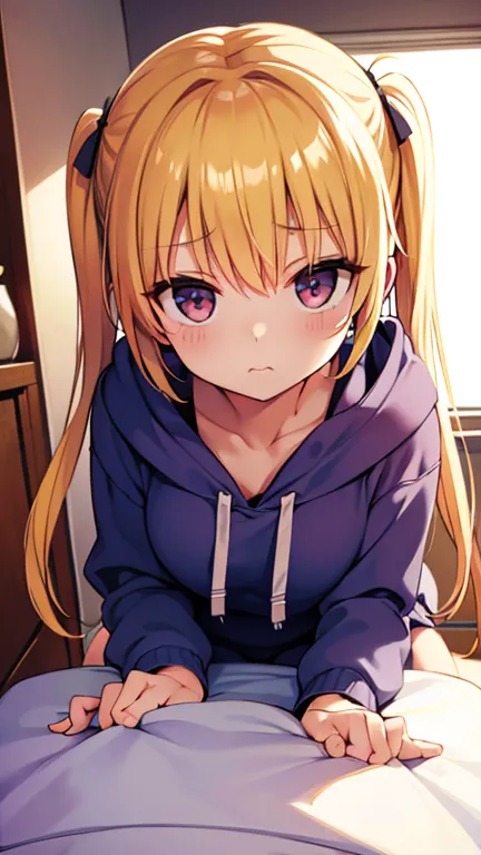 a small-breasted girl relaxing in her room completely naked and wearing a baggy hoodie、blonde、 twin tails、prone、looking away、che...