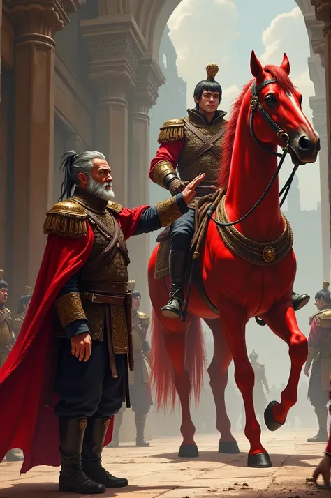 Josho stands in the palace of the barracks. Josho has a strong face color. One hand points to the sexthow horse. The red horse is strong and looks powerful.