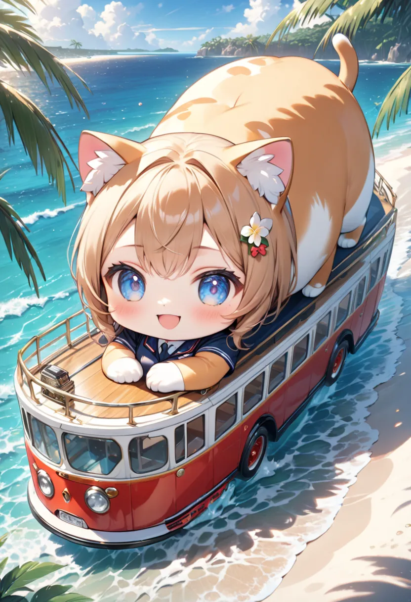 (masterpiece, ultra-detailed, best quality, clear focus, dramatic scene, cinematic), shadow, (ultra-high resolution, 8k), perfect anatomy, perfect face, (detailed face, detailed eye, chibi), cute Japanese chibi girl, famous Japanese chibi idol, (chibi:1.3), very beautiful and cute and cool face, (wearing a cute bus driver uniform:1.3), (large breasts), (she is piloting a pleasure boat at scenic tropical ocean:1.3), amazing view of beautiful beach with tropical trees, (with a giant fat cat: detailed cat:1.2), smile, she looks so happy