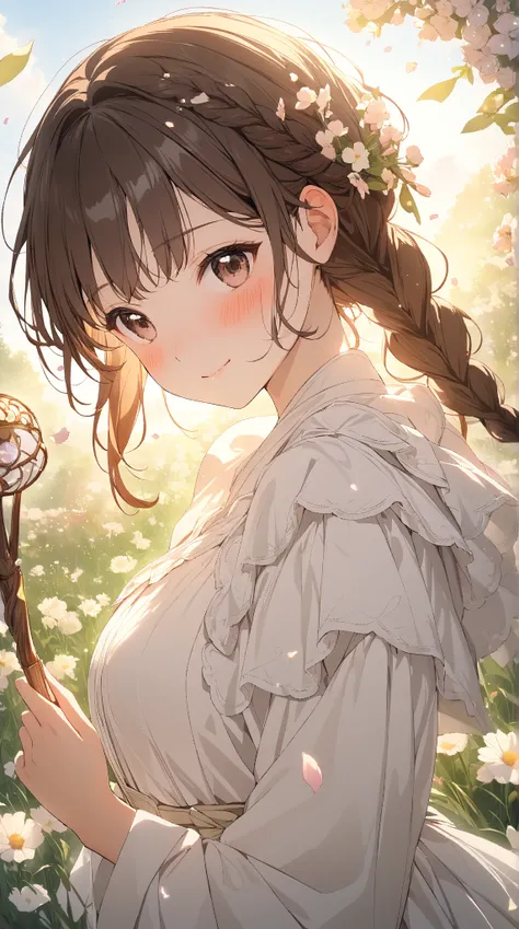 1 girl, ( cute face), Braided Hair, to many hairstyle, (blush:1.2),  shy expression , look back,  Big Breasts ,  Fantasy Healer Clothes, Healing Wand ,  Clear Skin , break, Warm Light, (Gentle Light:1.3), (Atmosphere of Love :1.3), break, Flower Field, Flo...