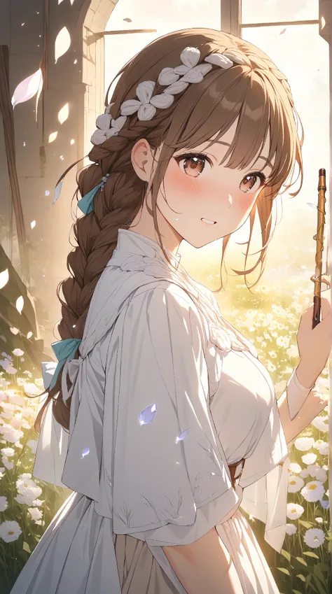 1 girl, ( cute face), Braided Hair, to many hairstyle, (blush:1.2),  shy expression , look back,  Big Breasts ,  Fantasy Healer Clothes, Healing Wand ,  Clear Skin , break, Warm Light, (Gentle Light:1.3), (Atmosphere of Love :1.3), break, Flower Field, Flo...