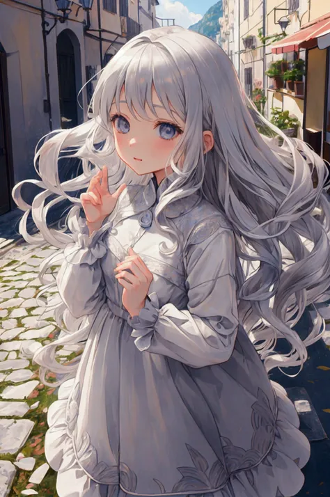  happy silver-haired wavy girl raising her hands，The background is a group of Amalfi :Cobblestones:Flower storm，anime, best quality