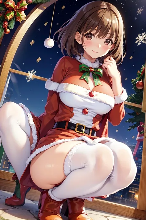 1 female, blush, smile, Cute girl anime visuals, Beautiful Anime Girls, Smooth anime CG art, Shiny Brown Hair 、 shorthair 、( beautiful brown eyes 、Sparkling Eyes、Fine grain)、 Official artwork, Fascinating anime , In town , squatting , from below , (santa c...