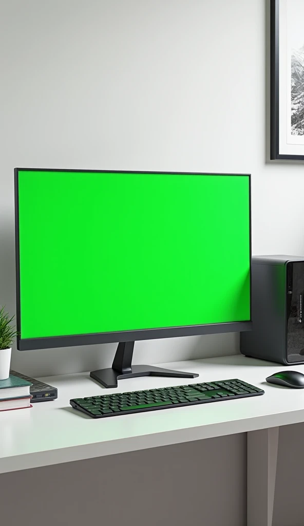 - Desktop monitor (24-27 inches) displaying a vibrant solid green screen and side view.
- Sleek wireless keyboard
- Ergonomic optical mouse
- Compact computer tower (silver or black)
- Simple, neutral-colored background (e.g., white, gray, or wood)
- Minim...