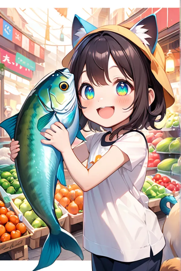 Cat ears, cat tail, Cat girl, holding a big fish in both hands, sparkling eyes, big smile,A vibrant market