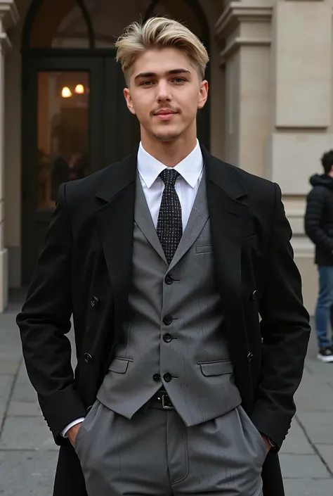 A fashion photoshoot of a blonde man wearing suit take a refrence as a photo of a character but put black  hair , and use light grey suit and black long coat and put small cute smile on face of character