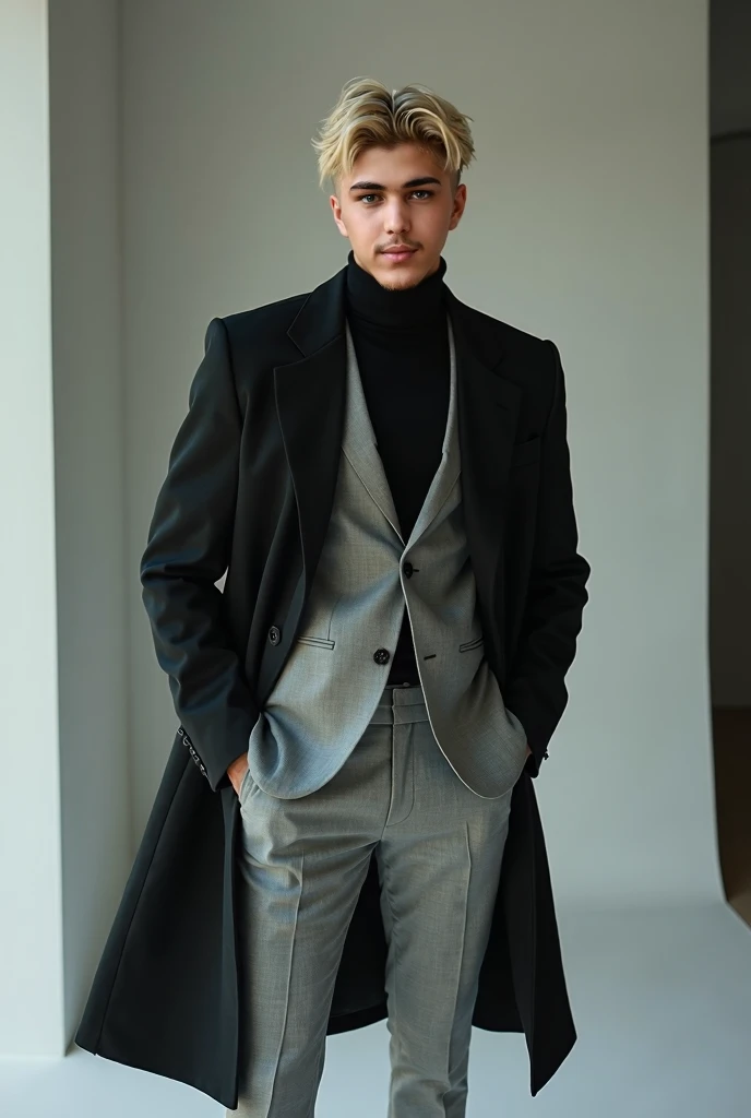 A fashion photoshoot of a blonde man wearing suit take a refrence as a photo of a character, and use light grey suit and black long coat 