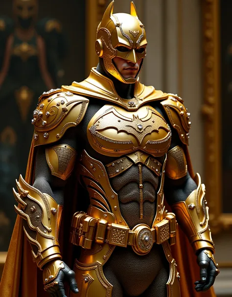 extravagantly opulent Batman suit dominated by pure gold elements, main armor crafted from 24k gold-plated plates with diamond-studded edges, cape made from metallic gold fabric with cascading golden chains and ruby droplets, cowl forged from solid gold wi...