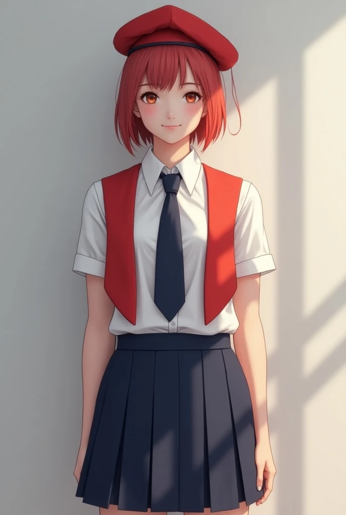 Create an image of a  girl in a white shirt with a navy blue tie with a navy blue skirt black shoes with her red cap and red stole that is on her V-shaped neck is a uniform for a graduation