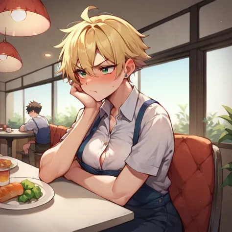 a tomboy with blonde hair and green eyes. she looks annoyed and blushing as she is standing inside a restaurant.