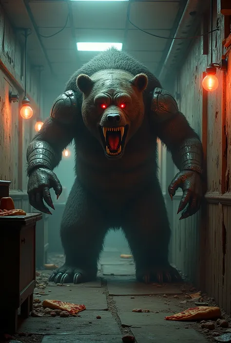 Make me an animatronic animal bad bear in a pizzeria