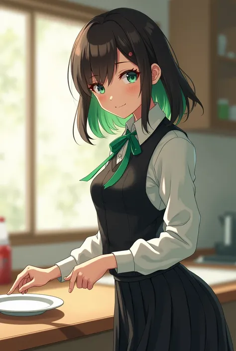 , the painting style is full、woman、Age: 20、Im not young、 hair length to shoulders 、My hair isn&#39;t long、The color of the hair is dark brown 、Hair highlights are green 、 The length of the bangs is enough to fit your eyes、 my hair is spread softly 、Droopy ...