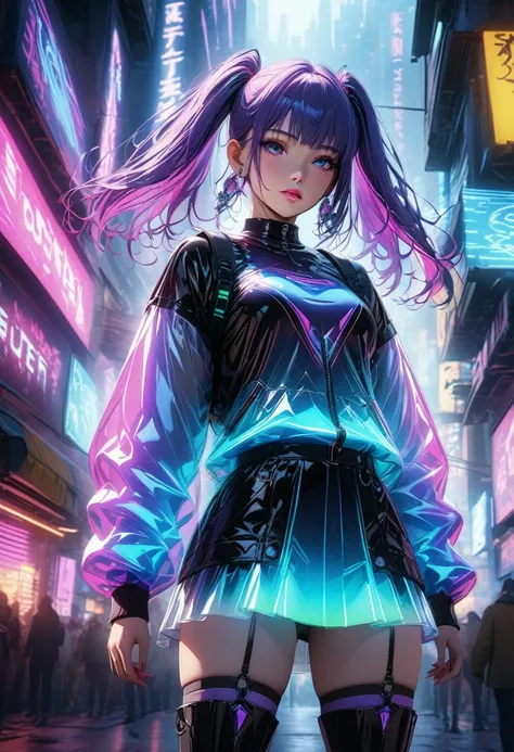 1girl, virtual idol, beautiful girl, vibrant colors, dress, thigh high socks, thigh high boots, detailed eyes, detailed lips, extremely detailed face, cinematic lighting, volumetric fog, neon lights, glowing cyberpunk city, intricate futuristic architectur...