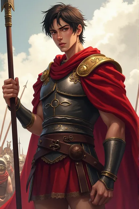  best quality,  masterpiece,  highest resolution， (Roman senator) ， (Roman Officer Centurion), （battlefield_background），young man holding a spear，middle aged， Anime Style , Tsuyoshi Nagano Style， Nobunagas Ambition illustration style，（4K）, Alone， ((whole b...