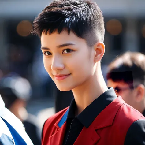 , a man with very short hair, a mohawk, ..;))  looks like a soldier in a black suit , red,  and the blue shirt and photography. .  In the open,  ,  The sun shining brightly on his clear face. wow, Realistic look ..,  behind the crowd, , . The light hits pr...