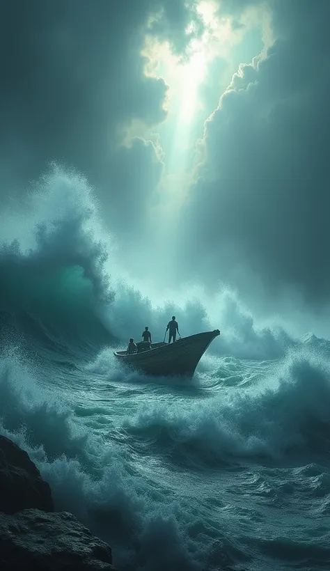 A stormy ocean with a small boat navigating through high waves, dark clouds above with a beam of light breaking through, ultra-realistic and dramatic.