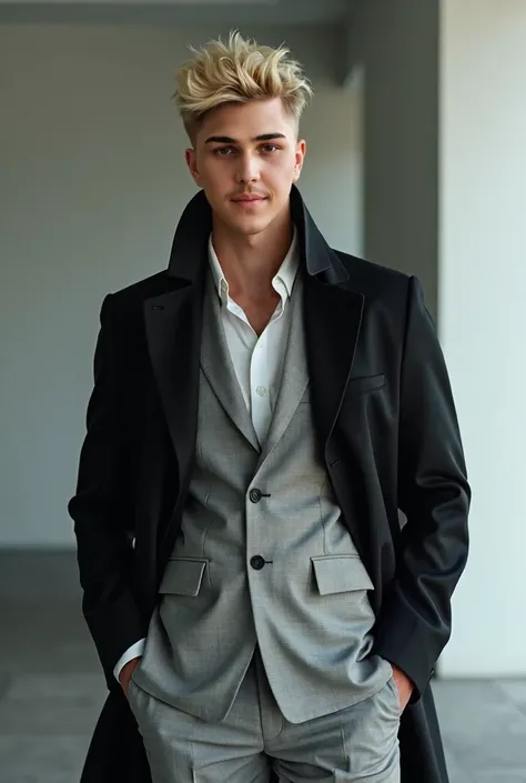 A fashion photoshoot of a blonde man wearing suit take a refrence as a photo of a character, and use light grey suit and black long coat 