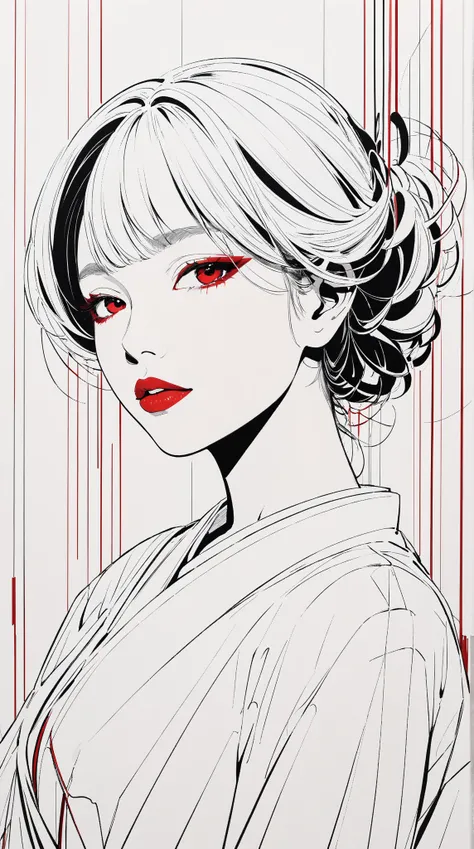 master piece:1.5、(minimal art, line drawing), woman、lips are red、silence、An ennui look、Densely drawn