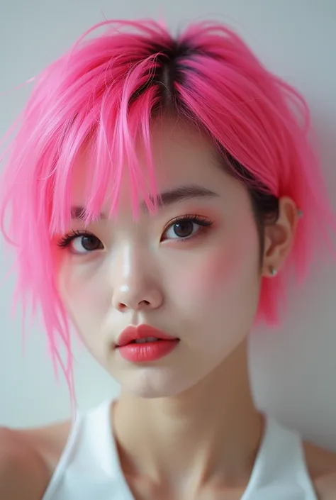 a  Asian  with short pink hair