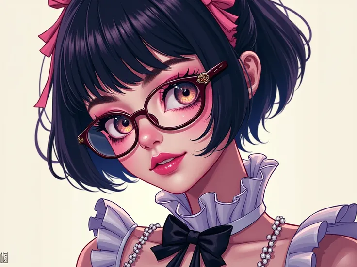  black hair,  eyes sparkle, Frilly clothes, Idol, Character portrait,Heavy makeup,  wearing glasses , Short Hair, whole body