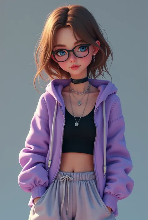  Make me a picture of a teenage girl with light brown hair, blue eyes,  long black eyelashes ,  a bit of eyeliner , fair skin.  Your clothes should be like this : pants ,  that go down to the floor  ( over the shoes )  and are very baggy . An open zip hood...