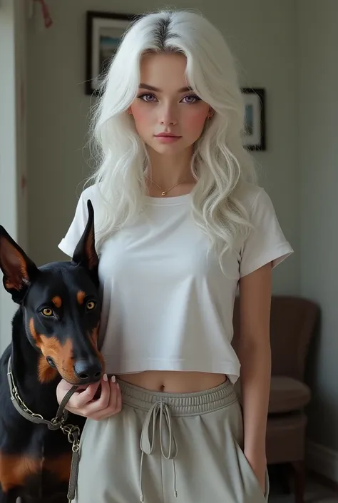 Young woman with white hair  ,  in a short t-shirt and sweatpants ,  nearby is a Doberman on a collar held by a ,  The young woman has a yellow eye and a purple eye  , Theyre in the room .