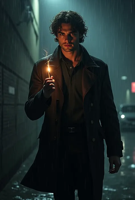 Handsome young man with wavy hair,  walking in the rain in the dark of the night holding a cigarette