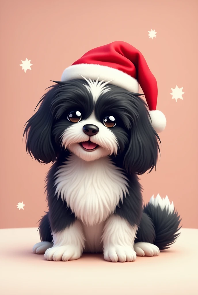 All black head Black mixed white body very cute, long haired Havanese dog with Christmas hat on
