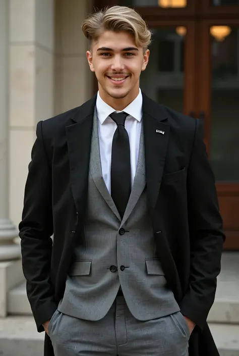 A fashion photoshoot of a blonde man wearing suit take a refrence as a photo of a character but put black  hair , and use light grey suit and black long coat and put small cute smile on face of character