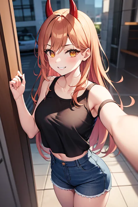 power, a female, reddish blonde hair, long hair, yellow eyes, red pupils, red horns, pink blouse, black jorts, smile, 4k