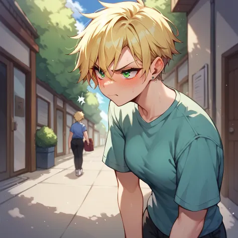 a tomboy with blonde hair and green eyes. she looks annoyed, angry and blushing as she is standing inside a building.