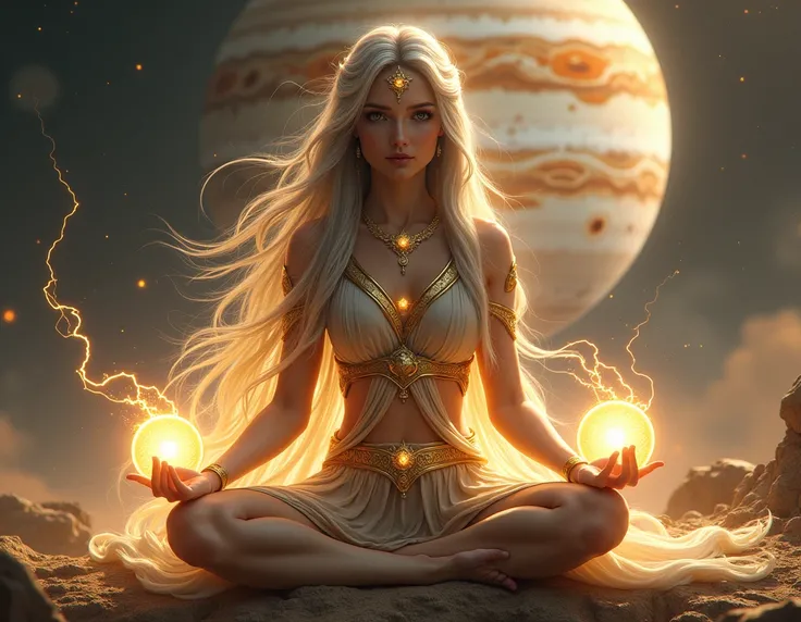  young woman,  long hair, silver with golden wick ,  sitting in a lotus position , Jupiter in the background,  Mesh armor,  2 energy spheres orbiting the character ,  lightning effect meandering the character