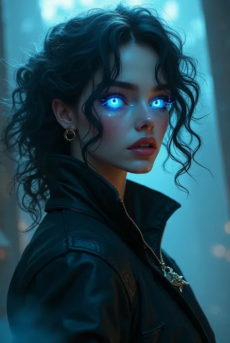 League of Legends Jinx　My character　Curly hair　Long Hair　 white skin　 has narrow eyes　My eyes are dark blue and glowing　Thick eyelashes　Magical Tools　Unprecedented　The shadows are strong
black jacket　Personal　female　Power　The light shines　expression　 glitt...