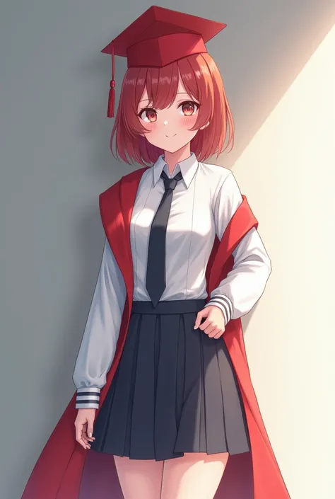 Create an image of a  girl in a white shirt with a navy blue tie with a navy blue skirt black shoes with her red cap and red stole that is on her V-shaped neck is a uniform for a graduation