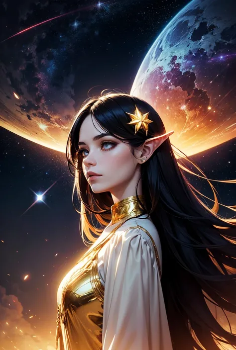 star cluster in New Age thought and spiritual genres. The image colors are yellow, white, and gold. Her hair is long and black. her ears are pointed, giving her a mysterious aura. the woman is in her 30s.low-exposure clothing