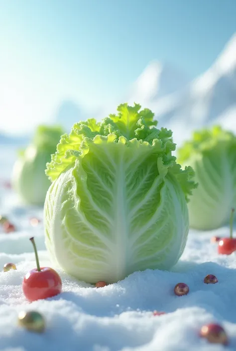 create an image of frozen lettuce that tastes like vanilla candy apples and grows out of the ground in the North Pole make a different photo add more vanilla candy apple look to it MAKE IT HAVE CANDY APPLE ON IT