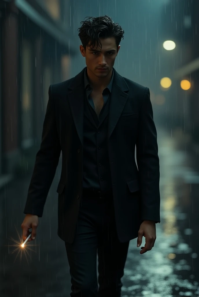 Handsome young man without a beard with wavy hair,  walking in the rain in the dark of the night holding a cigarette