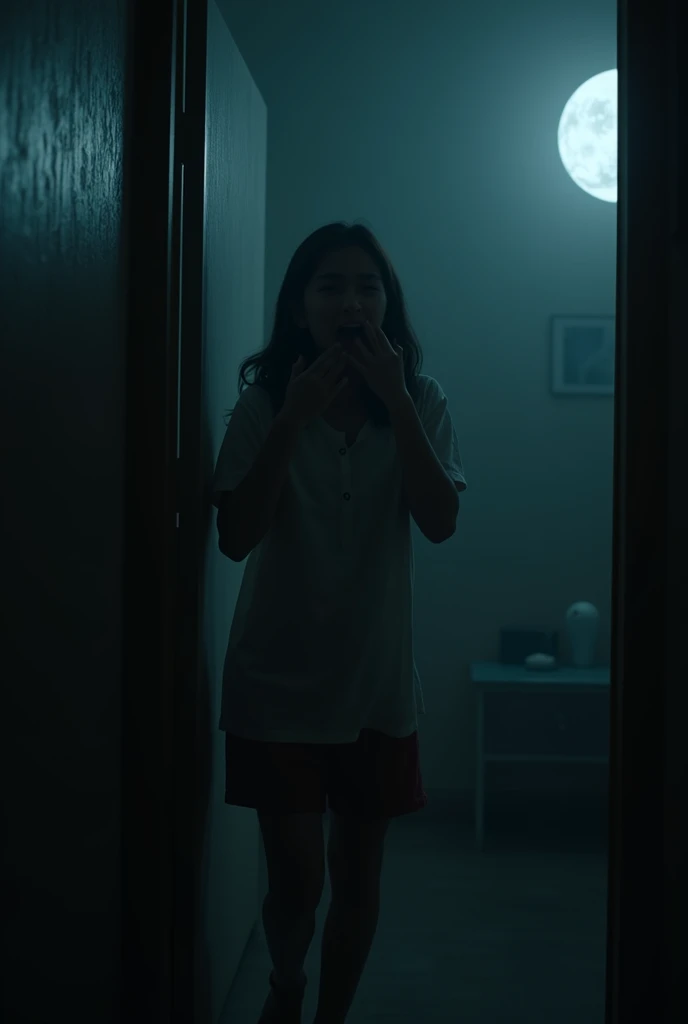 A ultra hd image of "Riya, now terrified, screams in her room, her hands over her mouth. Her nani enters the room quickly, her expression calm but serious. The room is still dark, with the faint moonlight filtering in. The nanis presence is reassuring, yet...