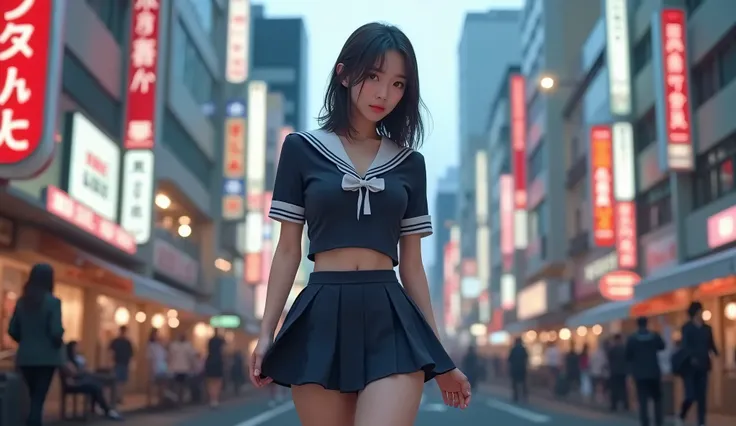 UHD, retina, accurate, masterpiece, anatomically correct, textured skin, super detail, high details, award winning, best quality, highres, realistic, a sexy Japanese Adult Video Actress in school uniform, big breast, mini skirt, full body view, Shinjuku st...