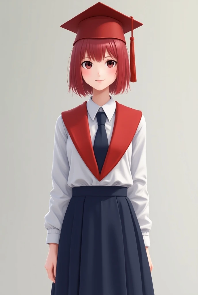 Create an image of a  girl in a white shirt with a navy blue tie with a navy blue skirt black shoes with her red cap and red stole that is on her V-shaped neck is a uniform for a graduation