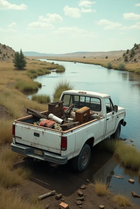 Garbage in the back of white pickup truck by north platte river 