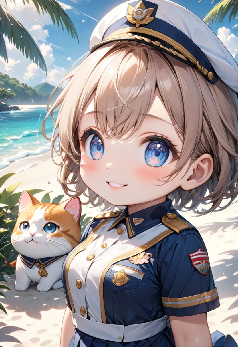 (masterpiece, ultra-detailed, best quality, clear focus, dramatic scene, cinematic), shadow, (ultra-high resolution, 8k), perfect anatomy, perfect face, (detailed face, detailed eye, chibi), cute Japanese chibi girl, famous Japanese chibi idol, (chibi:1.3), very beautiful and cute and cool face, (wearing a cute captain's uniform:1.3), (large breasts), (she is piloting a pleasure boat at scenic tropical ocean:1.3), amazing view of beautiful beach with tropical trees, (with a giant fat cat: detailed cat:1.2), smile, she looks so happy